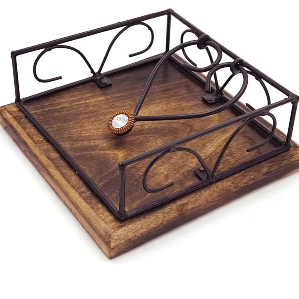 Wooden Napkin Holder with Metal Heart Design 049